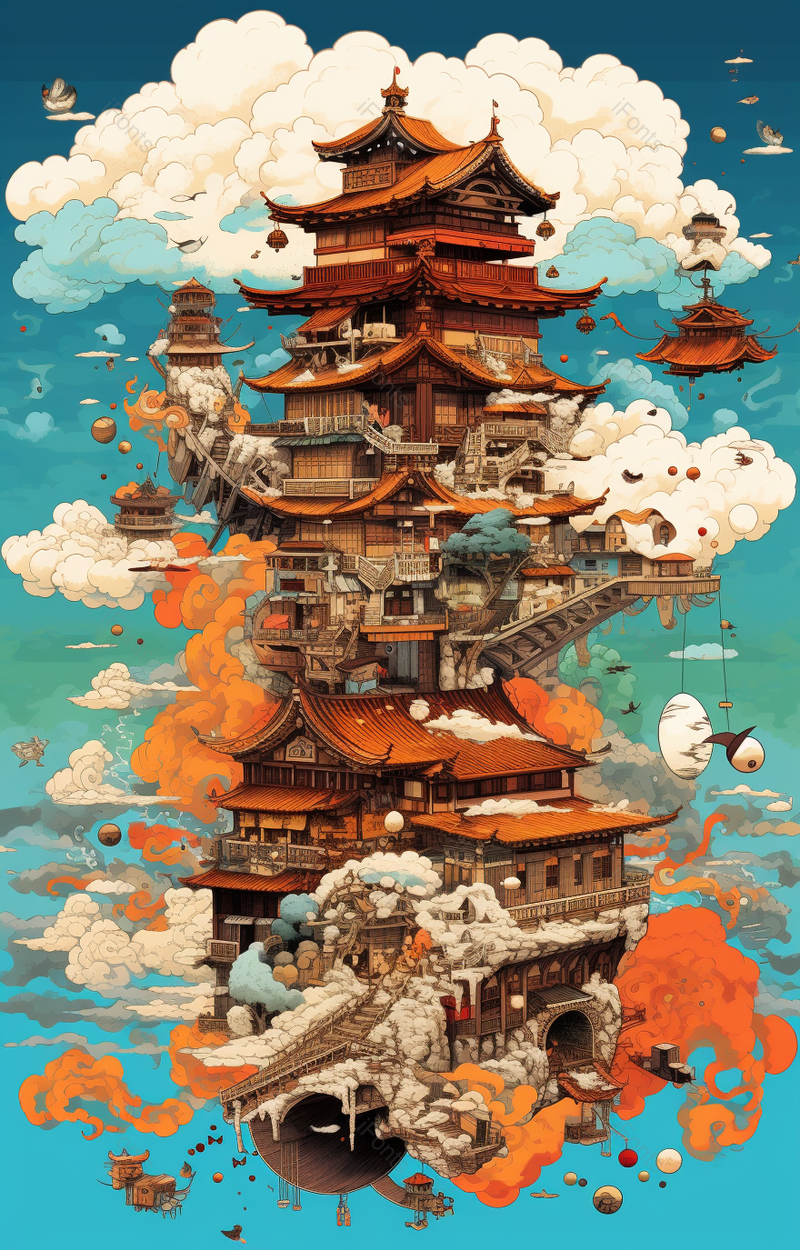独立的国潮古建筑插画中国风背景,插画/手绘图,插画/手绘图库,插画/手绘图下载,插画/手绘